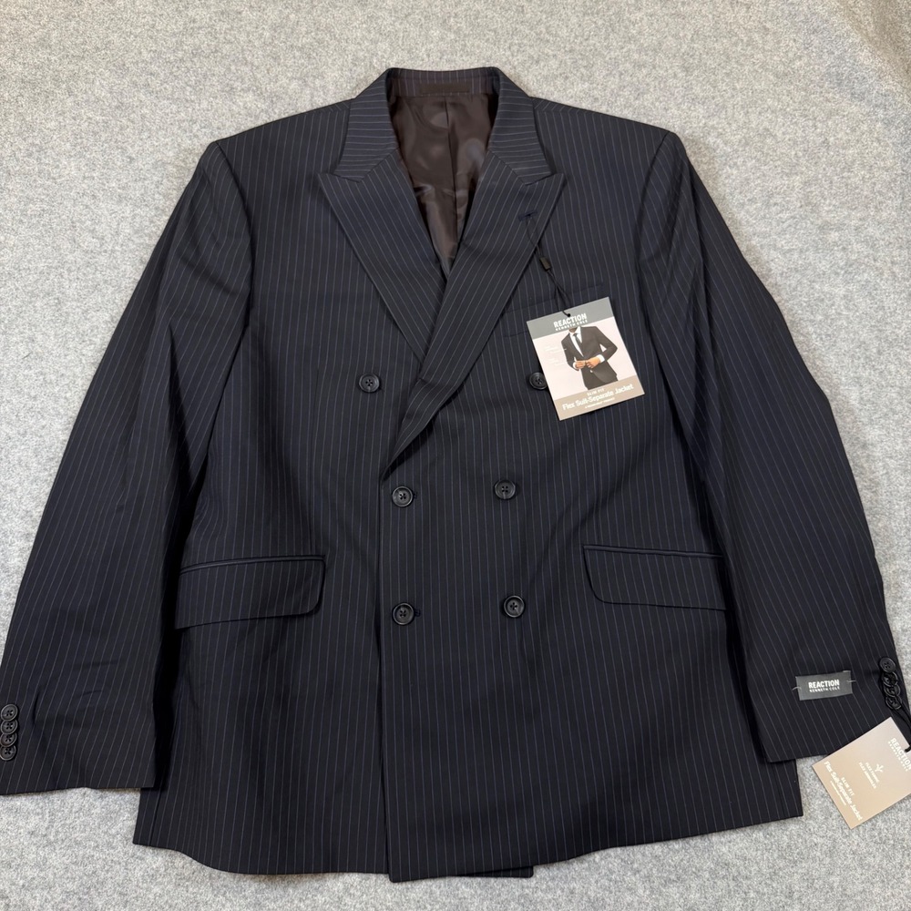 Kenneth Cole Reaction Mens 46R Slim Fit Navy Pinstripe Double Breasted Blazer